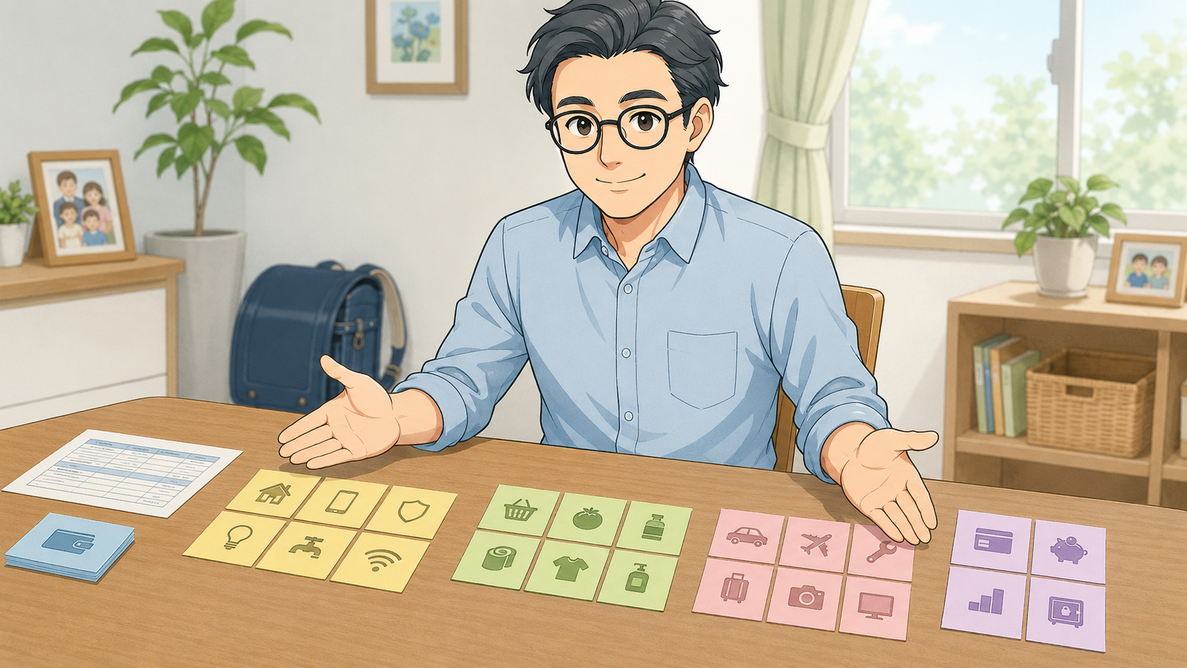 生活費や教育費など家計の項目をカードで整理する会社員パパ
