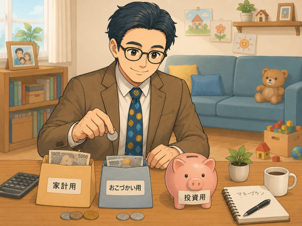 家計用・お小遣い用・投資用にお金を分けて管理するイメージ