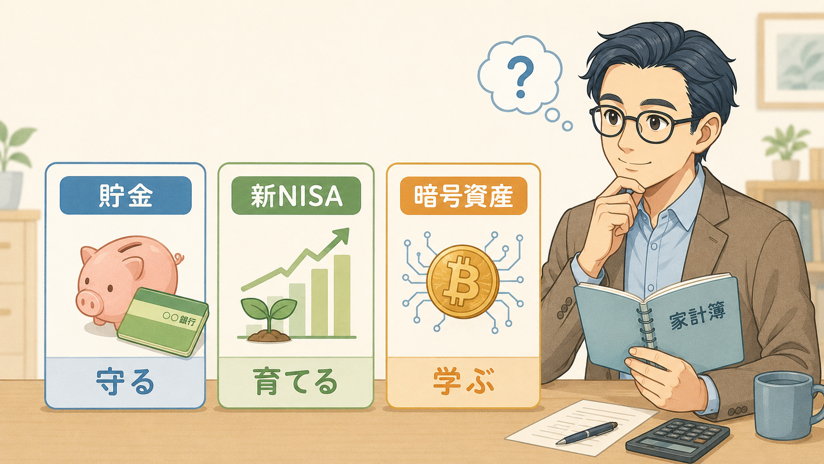 貯金・新NISA・暗号資産を守る・育てる・学ぶの役割で整理するイラスト