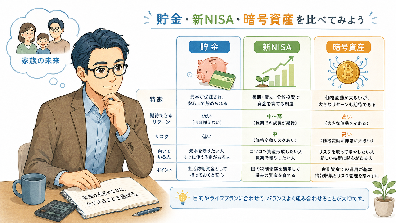 貯金・新NISA・暗号資産の特徴やリスクを比較表で整理したイラスト