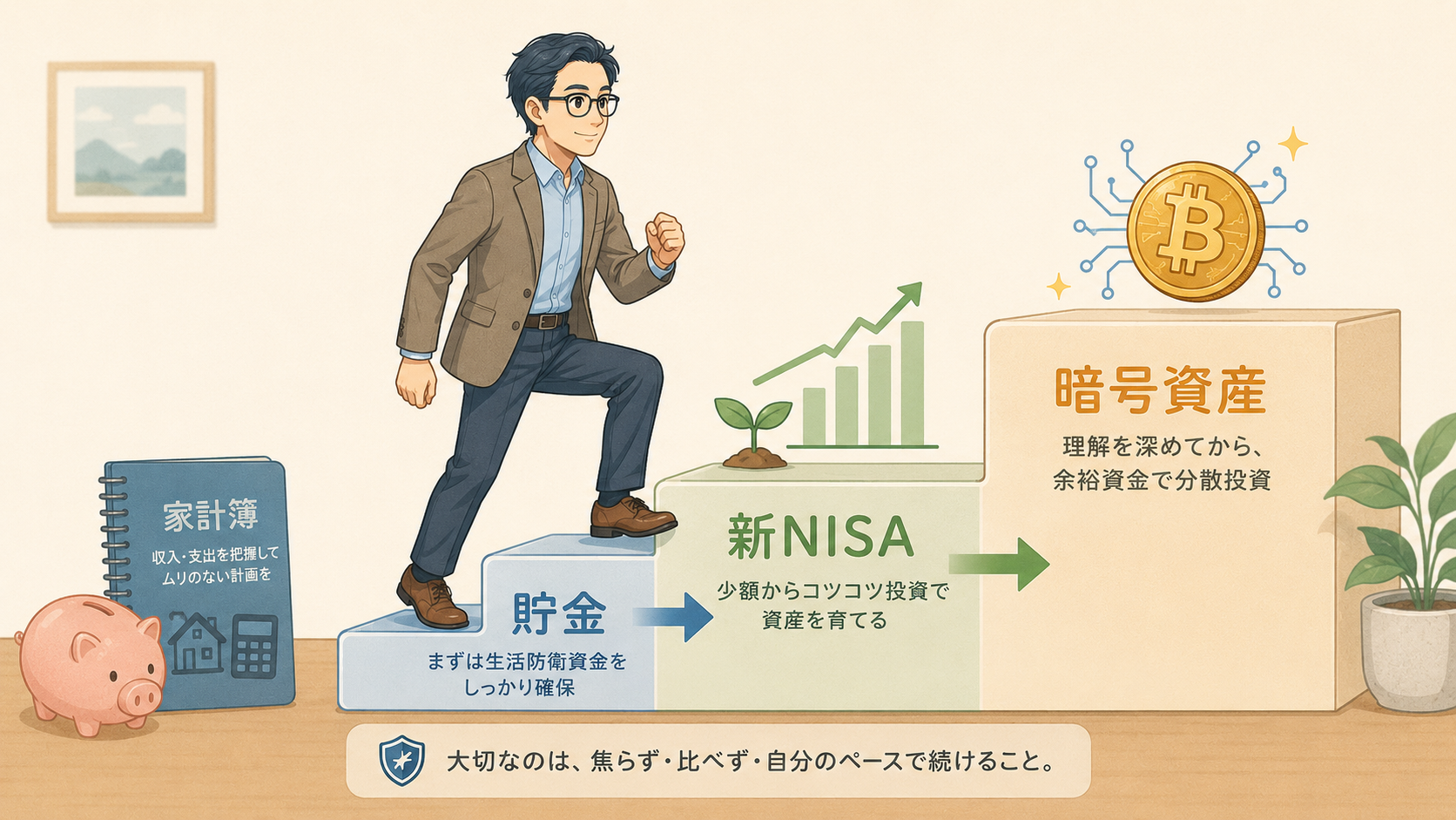 貯金から新NISA、暗号資産へ順番に進む考え方を示すイラスト