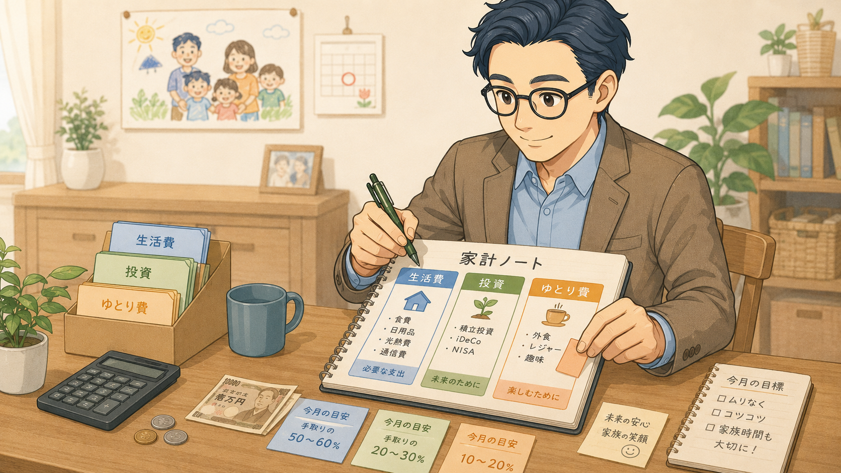 会社員や子育て世代が家計を生活費・投資・ゆとり費に分けるイラスト