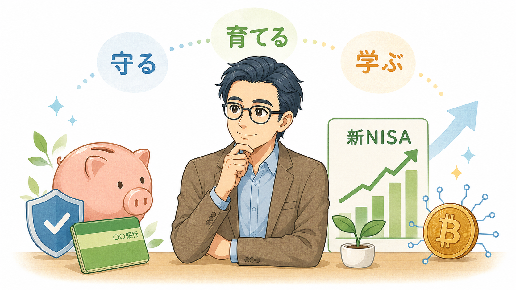 貯金で守り新NISAで育て暗号資産で学ぶ流れを整理したイラスト