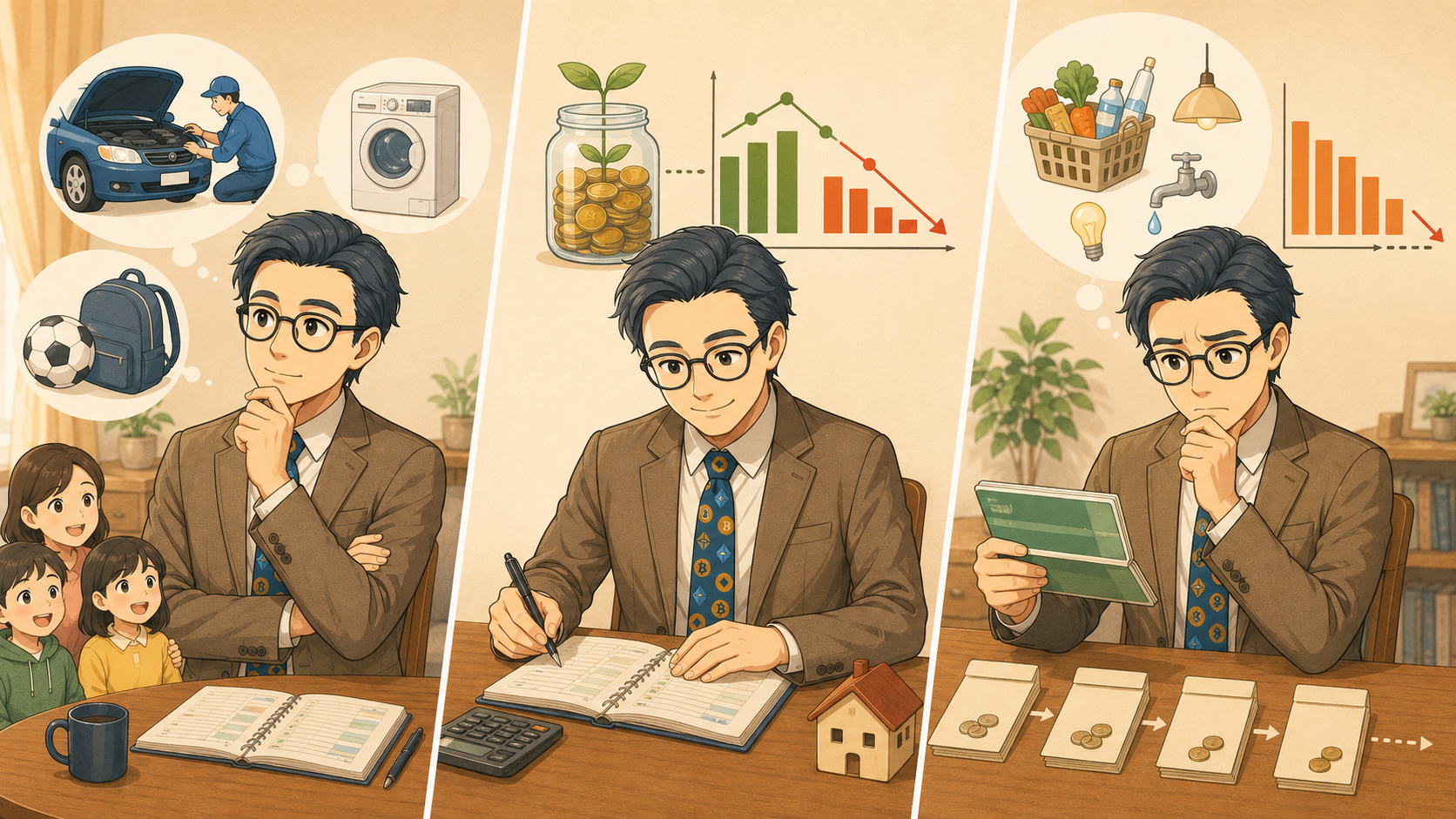 一時的な支出、積立額、生活費の赤字原因から継続・減額・一時停止を考える図