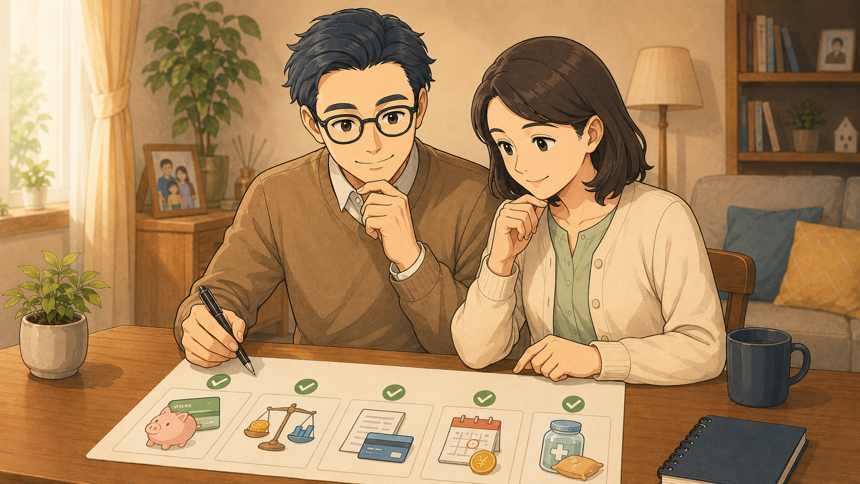 夫婦で新NISAの積立を見直す5つのサインをチェックする様子