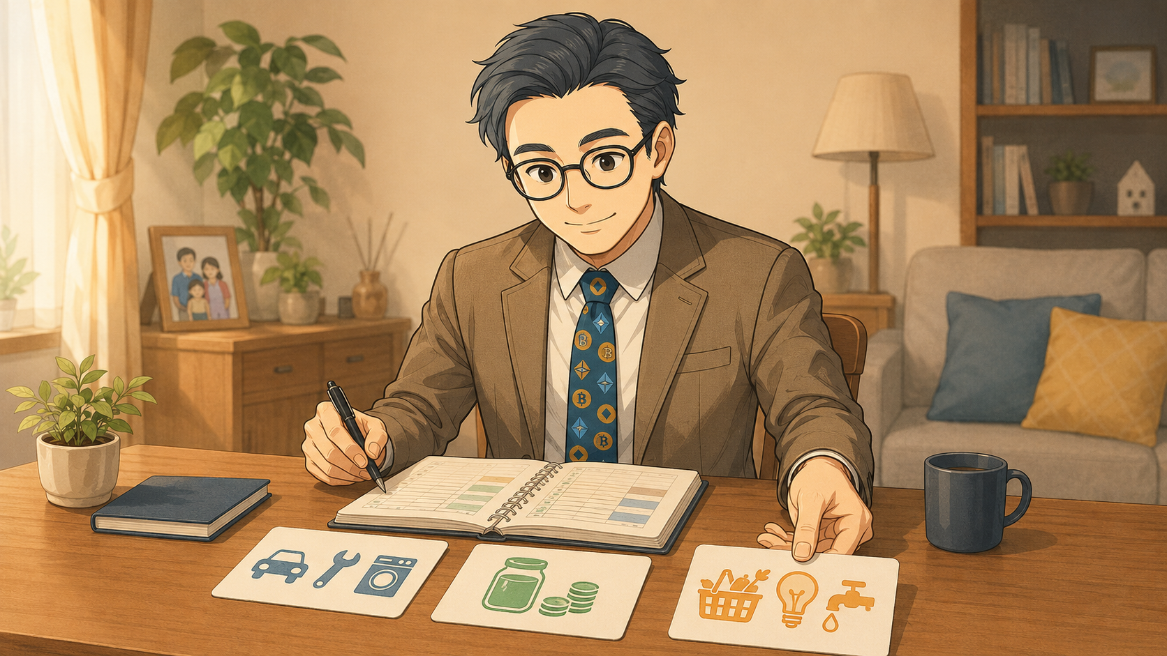 自動車費や家電費、貯蓄、生活費を整理して家計を見直す会社員パパ