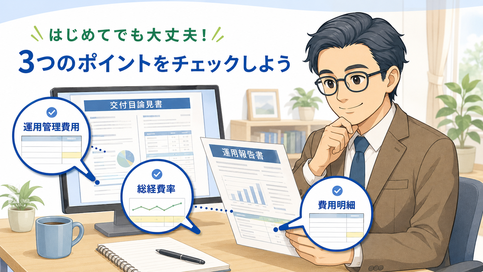 交付目論見書と運用報告書で運用管理費用、総経費率、費用明細を確認する図解