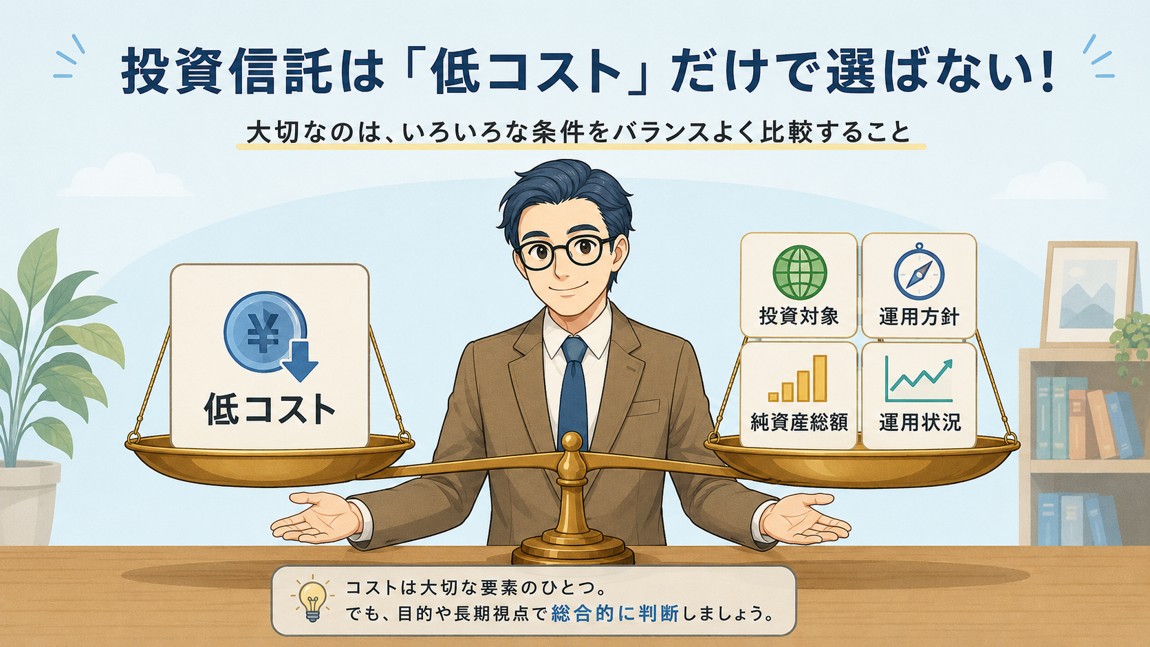 低コストと投資対象、運用方針、純資産総額、運用状況を天秤で比較する図