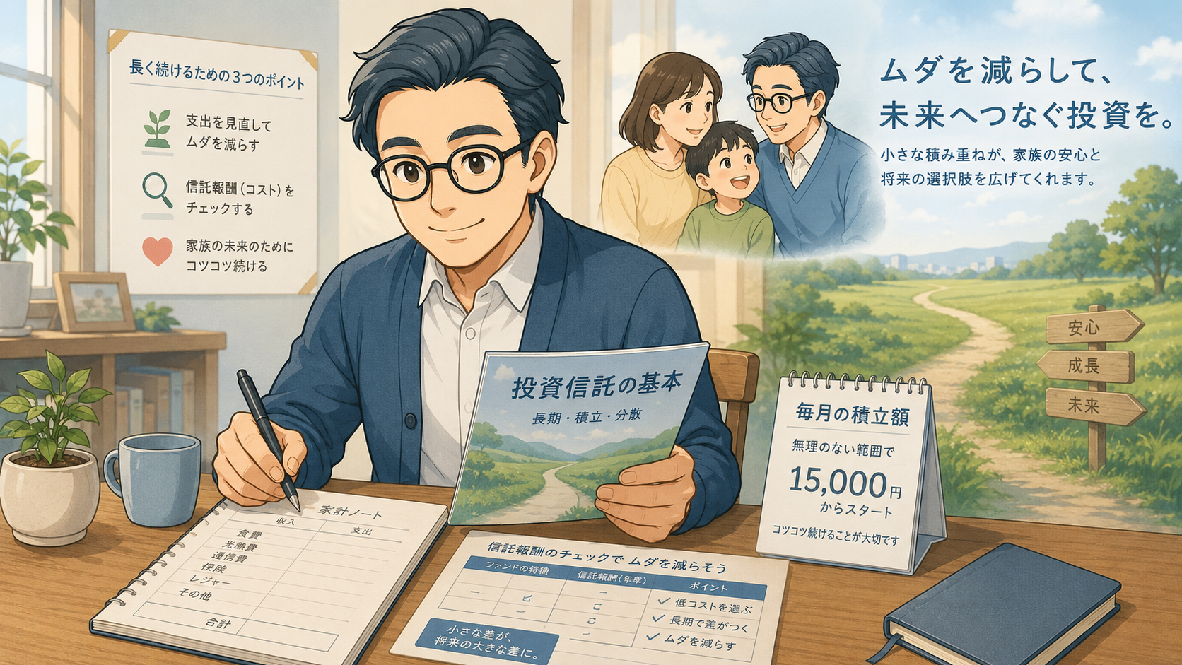 家計と信託報酬を確認し、家族の未来のために無理のない積立投資を続ける会社員パパ