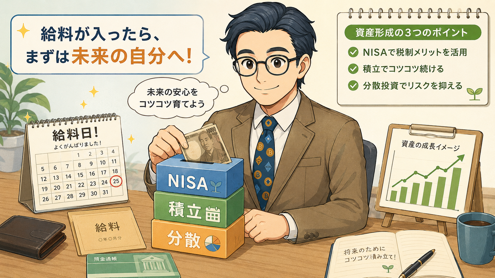 給料が入ったらNISAで積立と分散を意識する資産形成の図解
