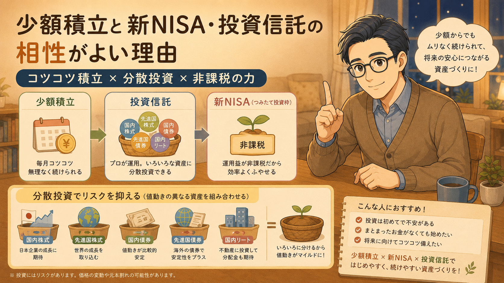 少額積立と新NISA・投資信託の相性がよい理由を分散投資と非課税で説明する挿絵