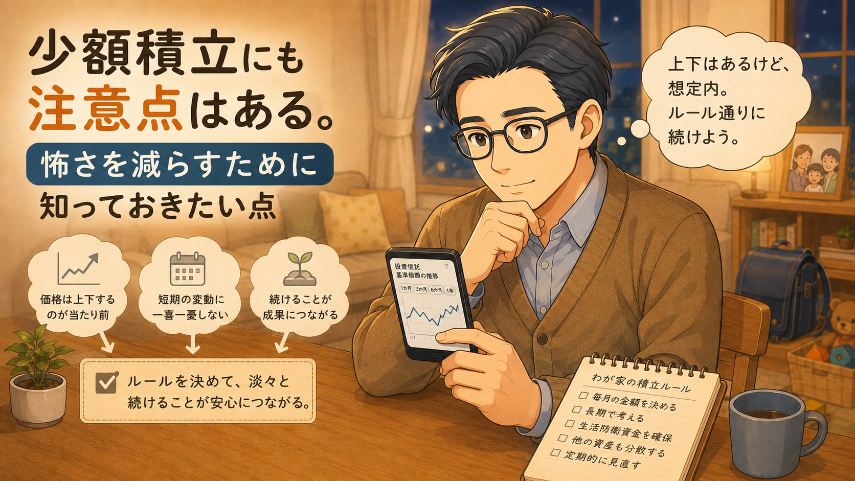 少額積立の注意点と価格変動への向き合い方を説明する挿絵