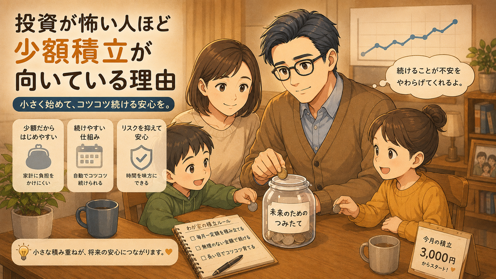 投資が怖い人ほど少額積立が向いている理由を家族で確認する挿絵