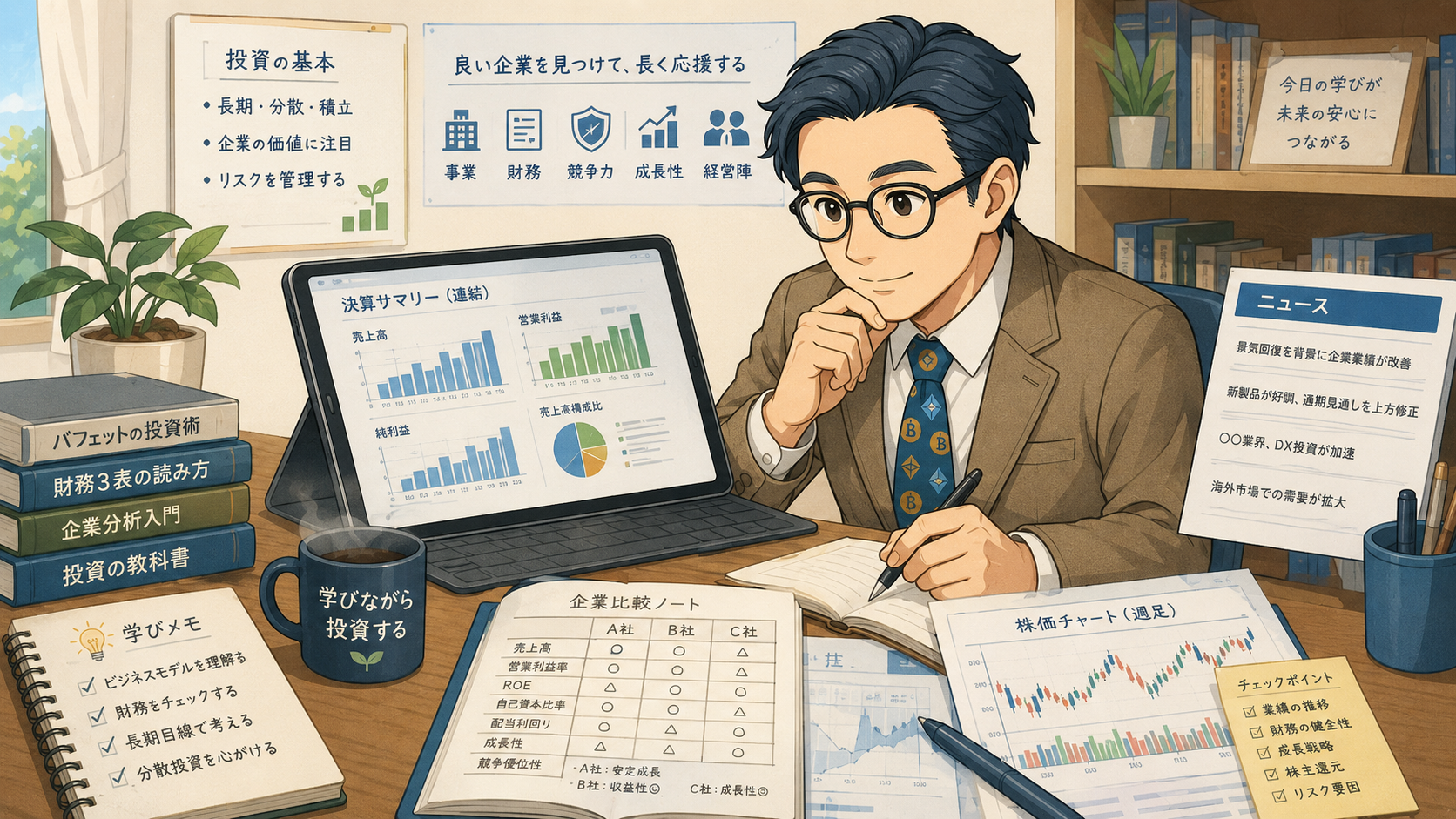 株式投資で企業分析やニュース確認をしながら銘柄を考える会社員の挿し絵