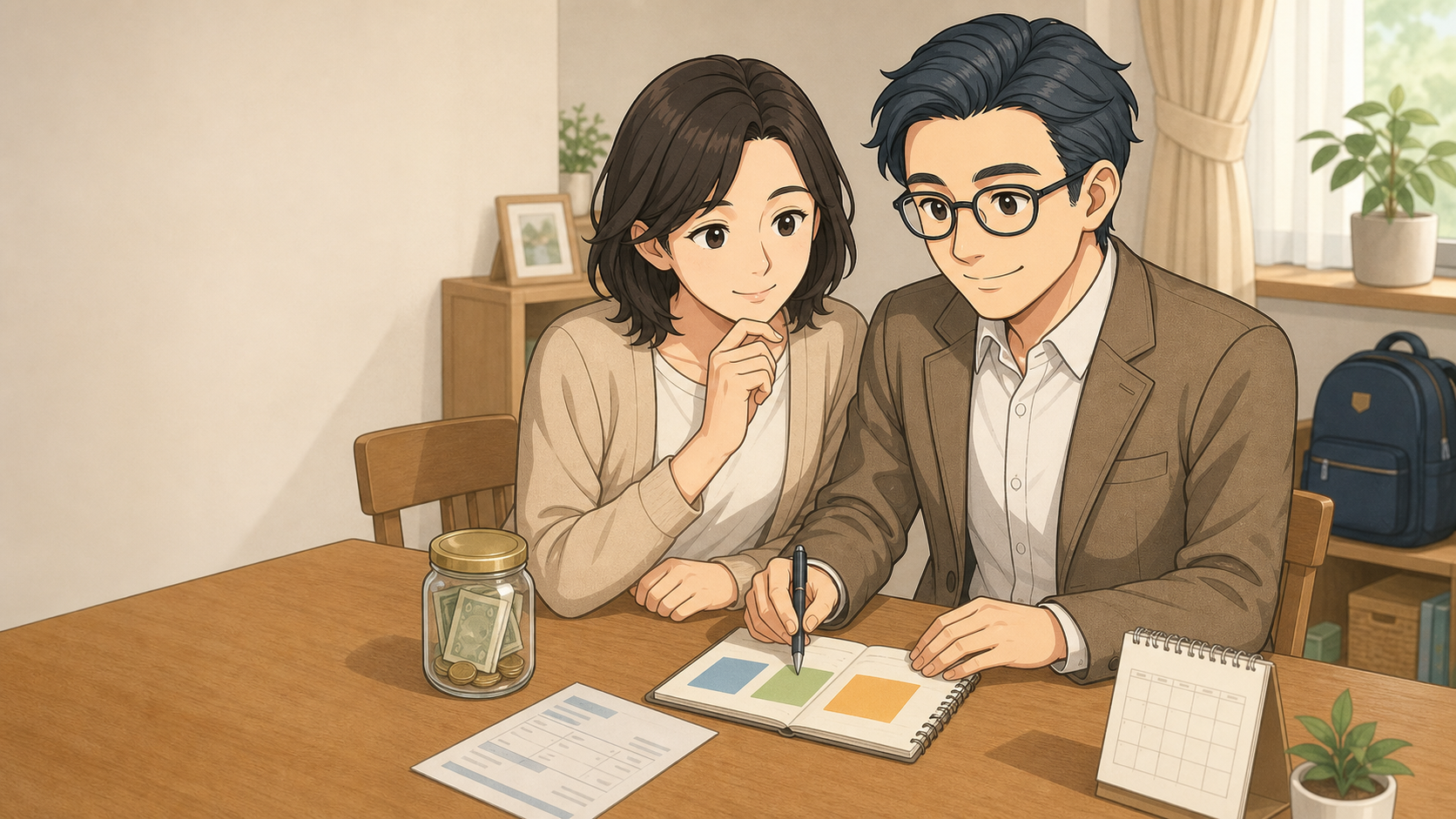 家計簿と現金の予備資金を夫婦で確認するBC父さん