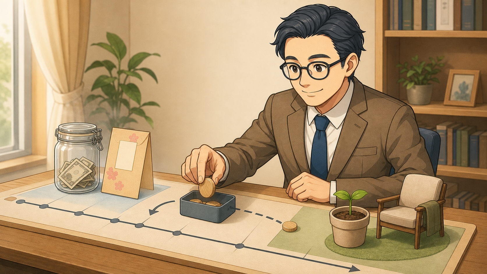教育費を現金へ移す時期と老後資金の長期運用を示すBC父さん
