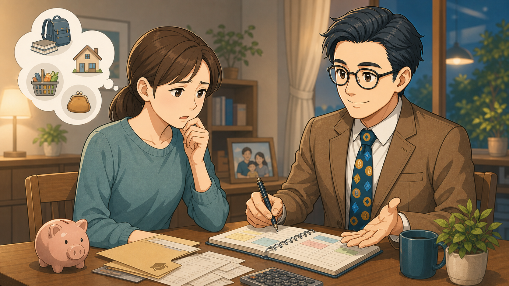 投資を始めたいが家族のお金に不安を感じる会社員パパへBC父さんが寄り添うイラスト