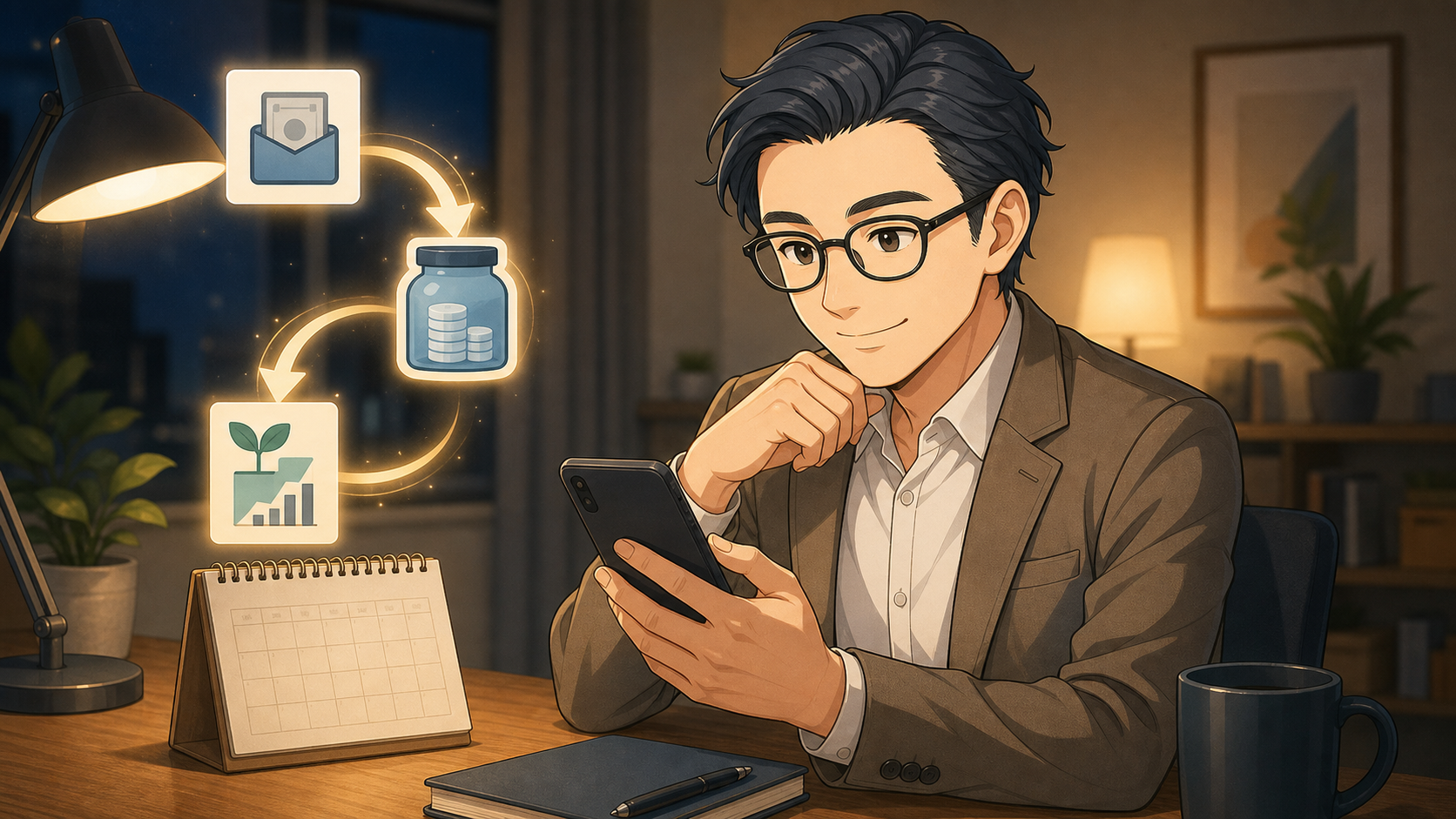 積立設定の自動化を確認する会社員