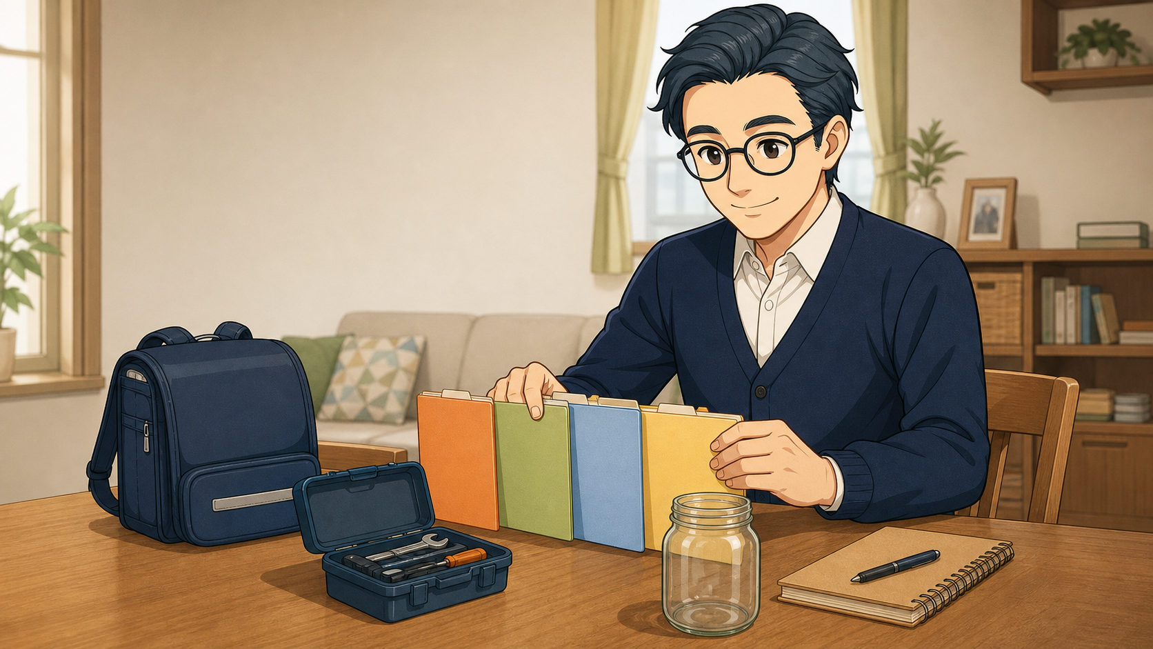 教育費や修繕費などを色分けした無地のファイルで整理するブロックチェーン父さん