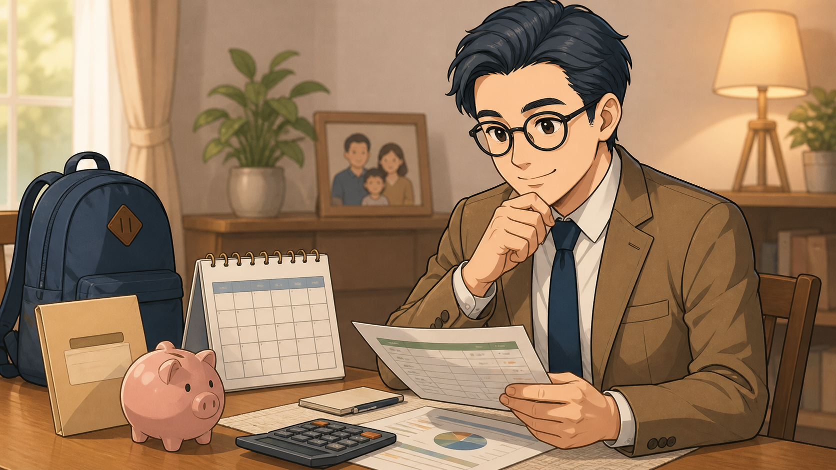 教育費用の通学かばんと家計簿を前に積立額を考えるブロックチェーン父さん