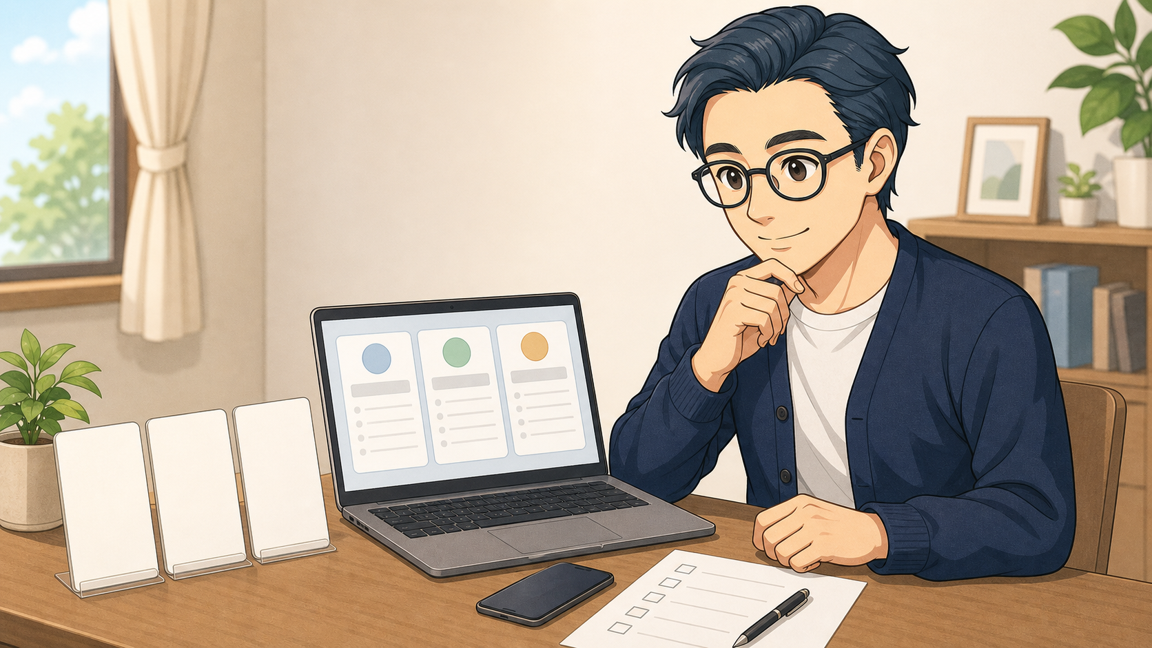無地の比較画面とチェックシートを見ながら証券口座を選ぶブロックチェーン父さん