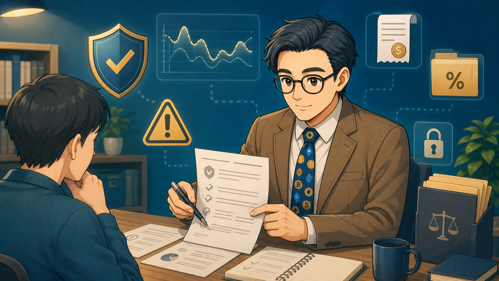 投資のリスク、手数料、税金、安全設定を確認する免責事項のイラスト