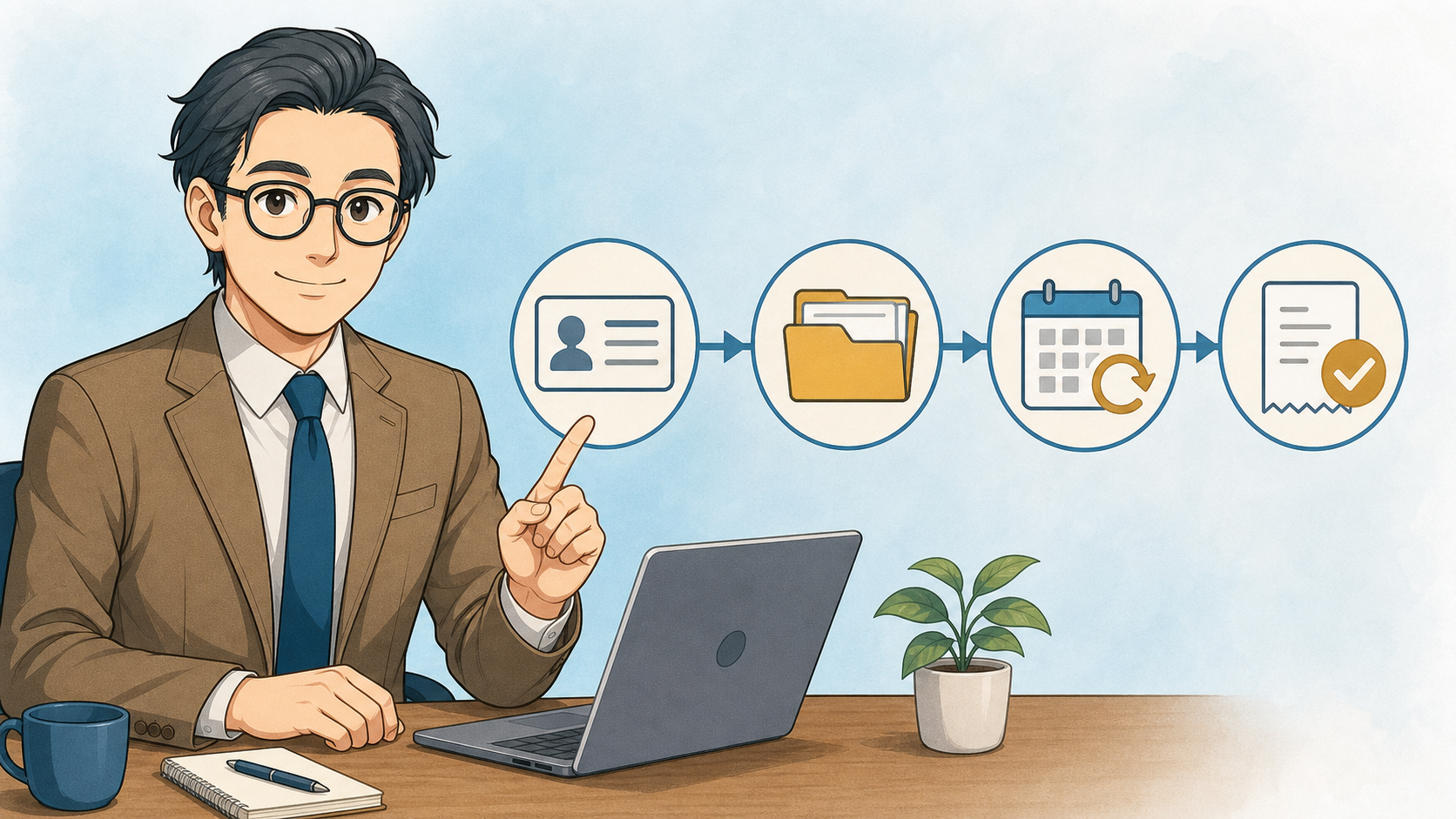 口座開設から積立設定と初回買付確認までの流れを示すブロックチェーン父さん