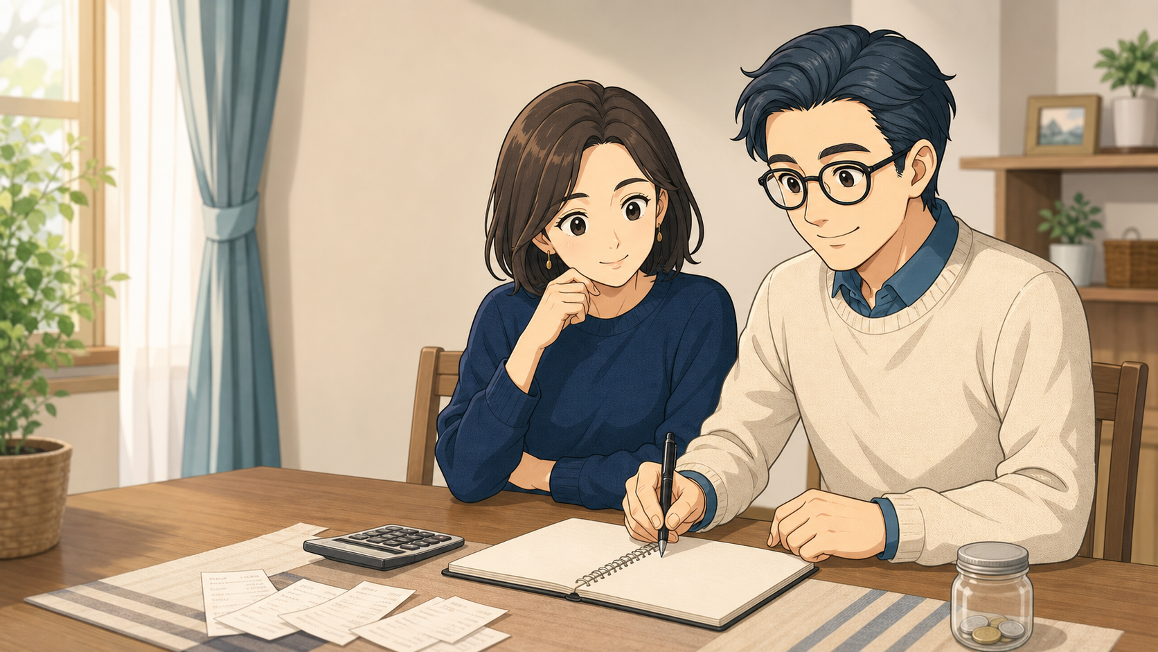 家計簿を見ながら積立額を話し合うブロックチェーン父さん夫妻