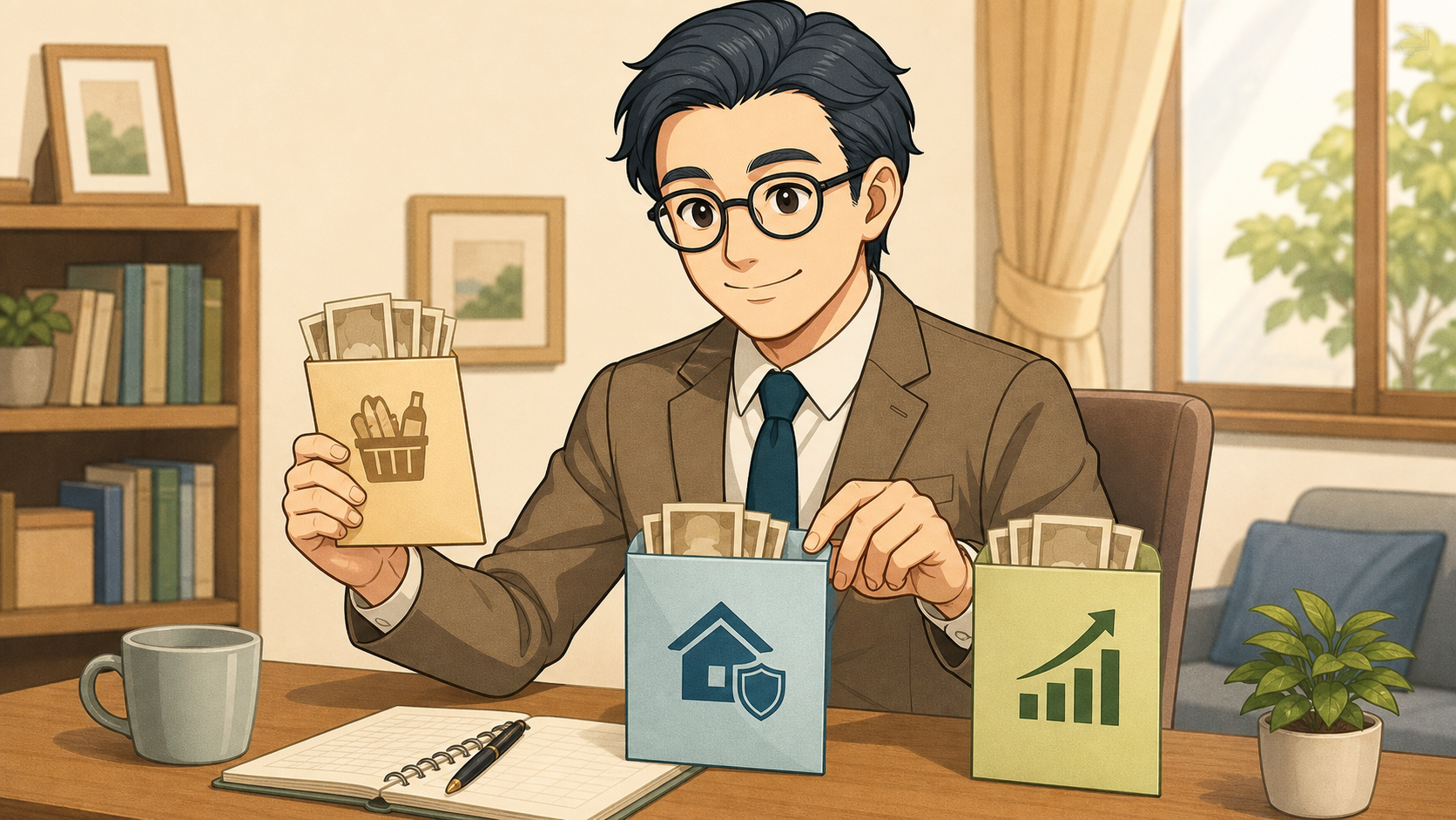 生活費、予備資金、投資資金を分けて管理する会社員の男性