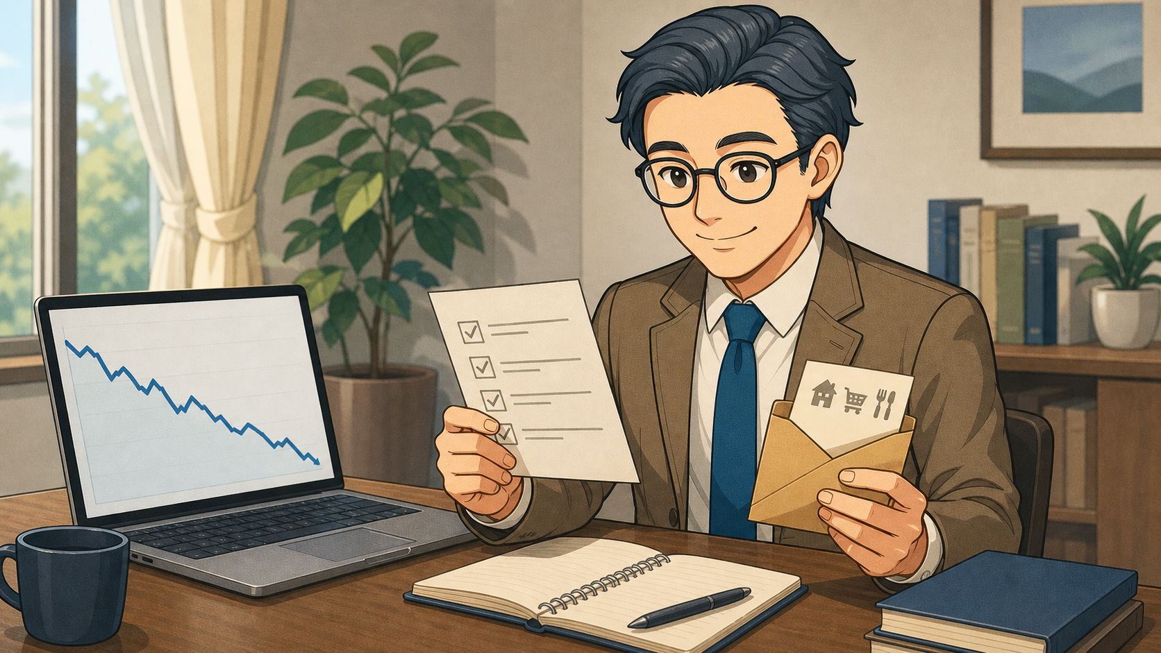 下落チャートを前に行動チェックリストを確認する会社員の男性