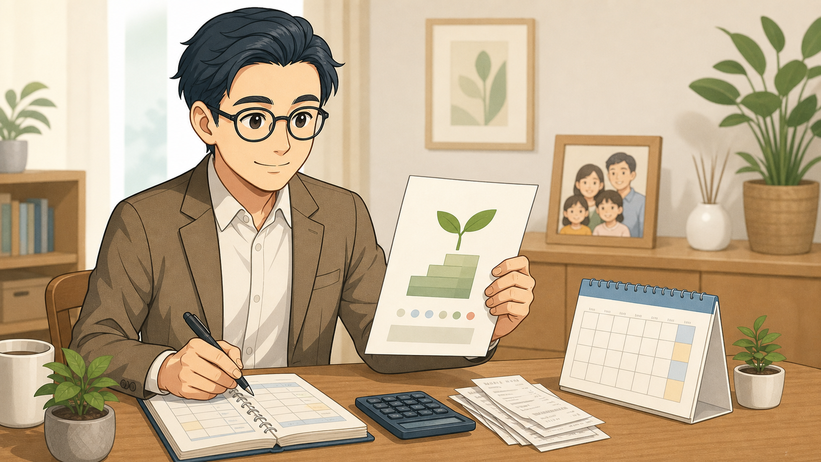 家計を確認してから長期積立の計画を立てる会社員の男性