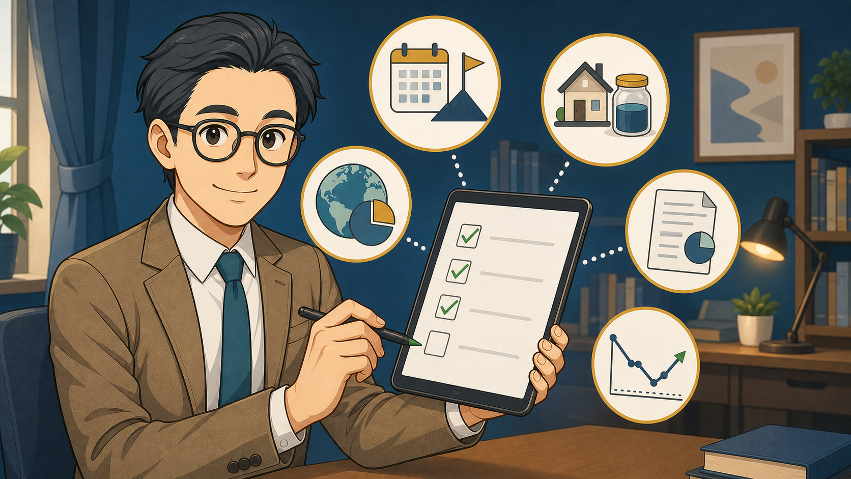 購入前の五つの確認項目をチェックするイラスト