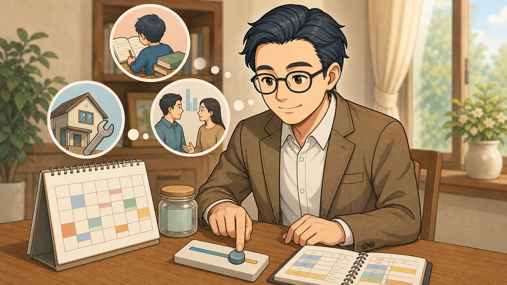 家計カレンダーを見ながら積立額を調整する会社員の男性