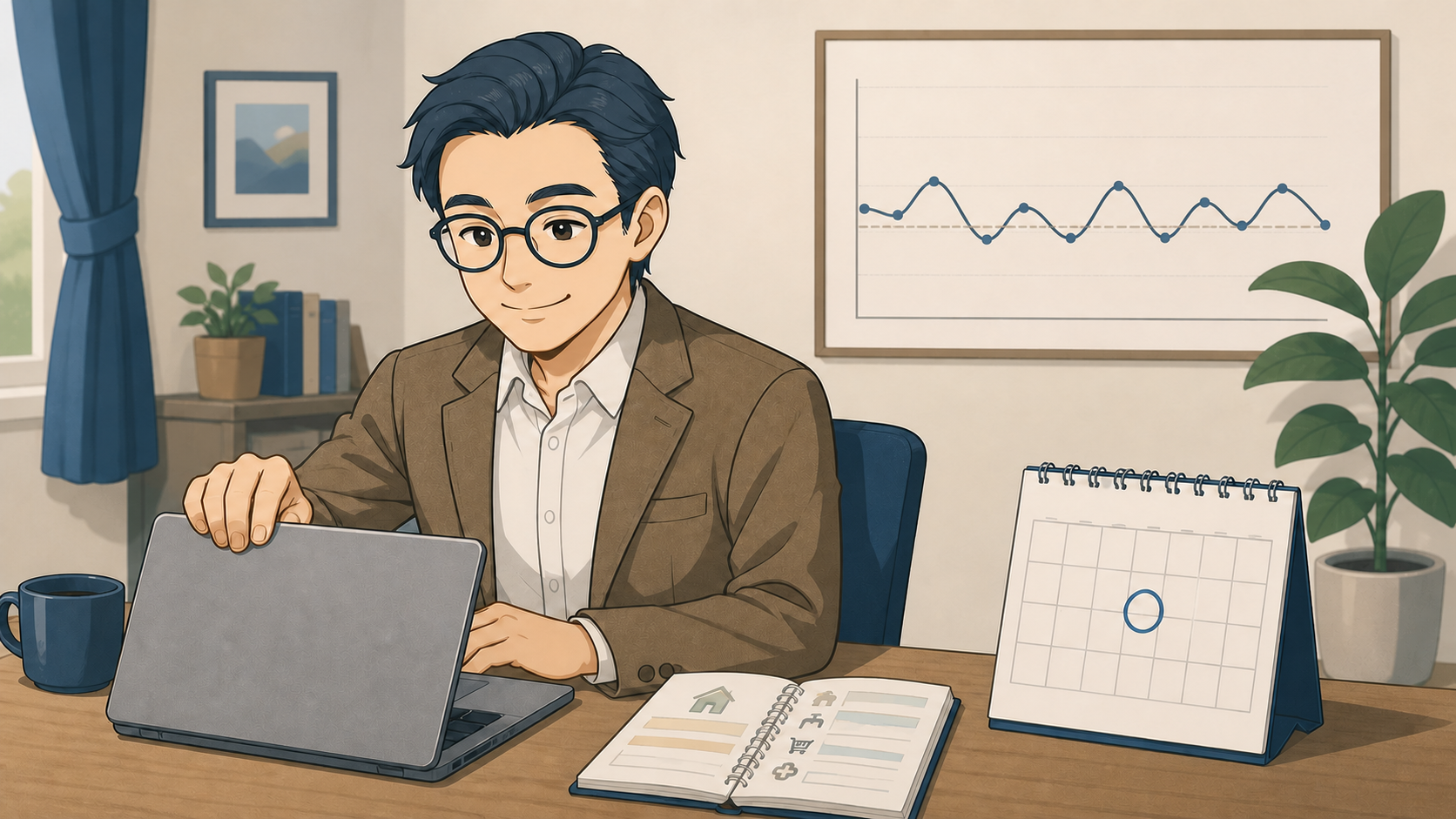 積立設定後に家計の変化を見直す男性