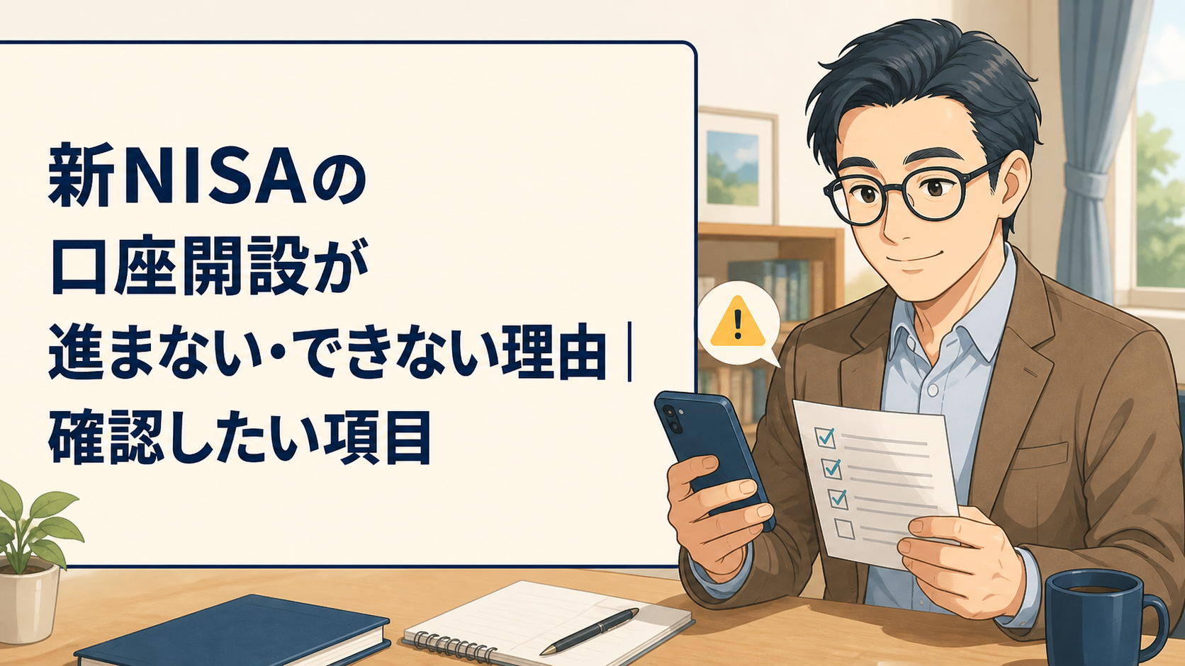 新NISAの口座開設が進まないとき、書類とスマホを確認する父親