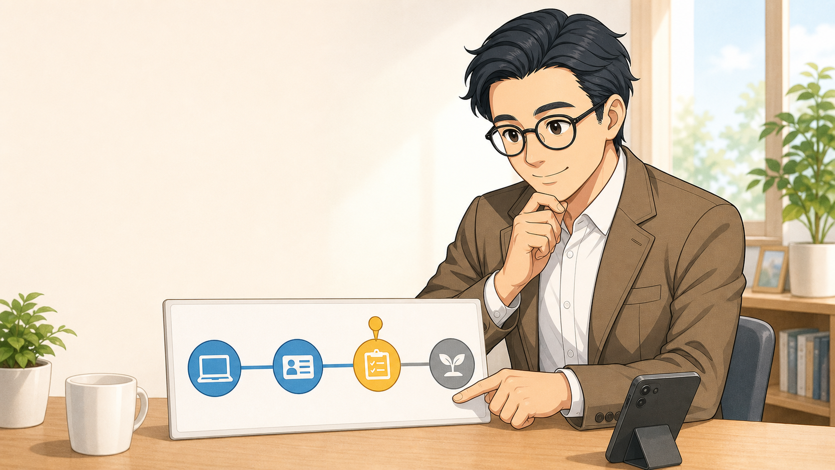 新NISAの口座開設で止まった工程を手順表で確認する父親