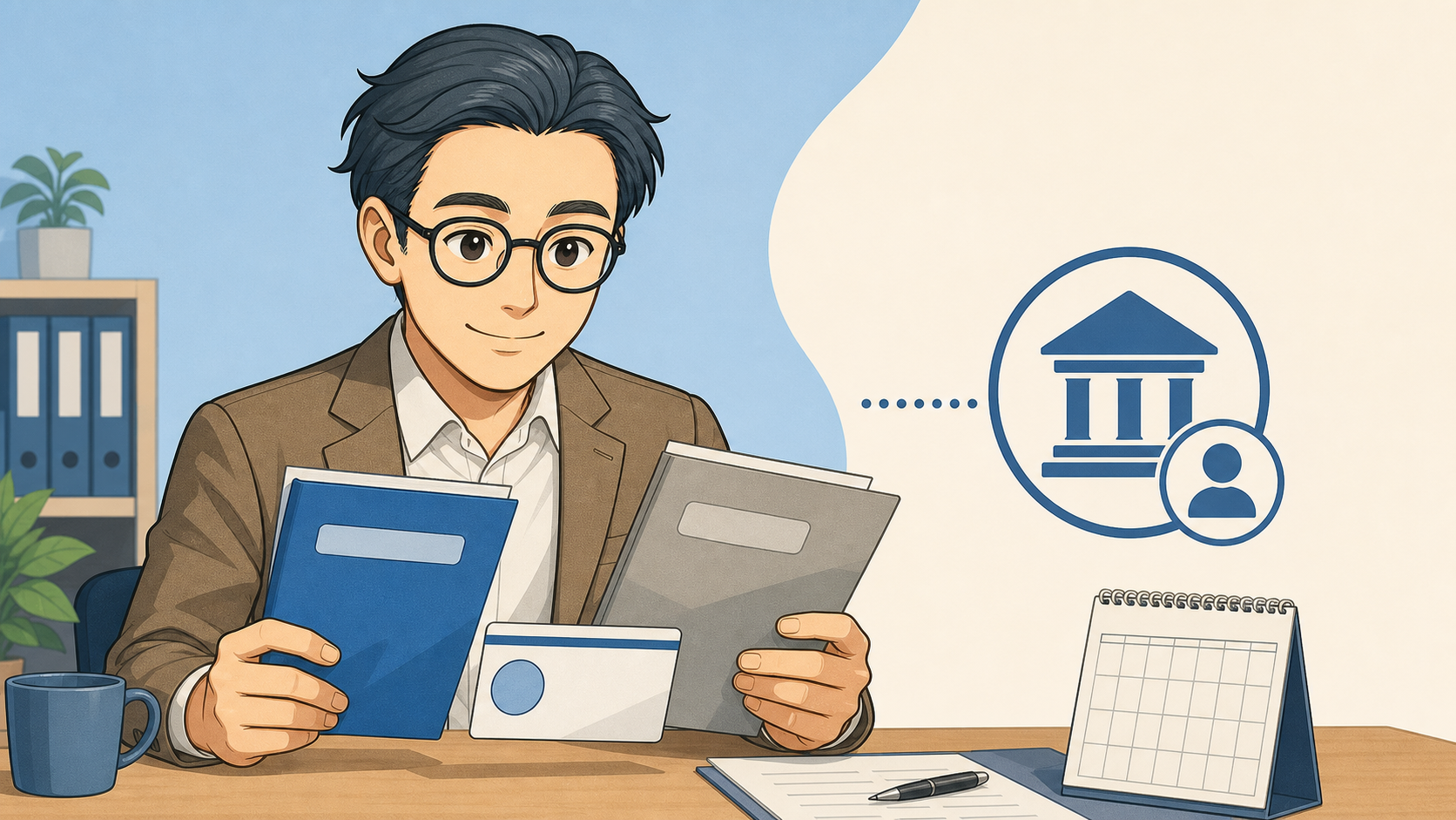 金融機関変更や既存口座を確認するため二つの書類を比べる父親