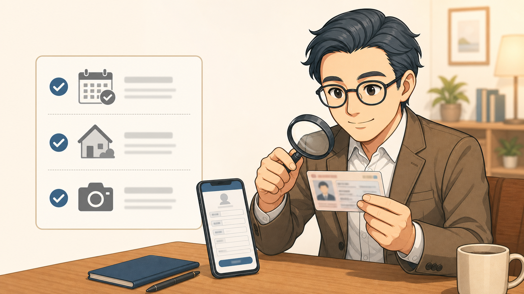 本人確認書類と申込情報を照合する父親