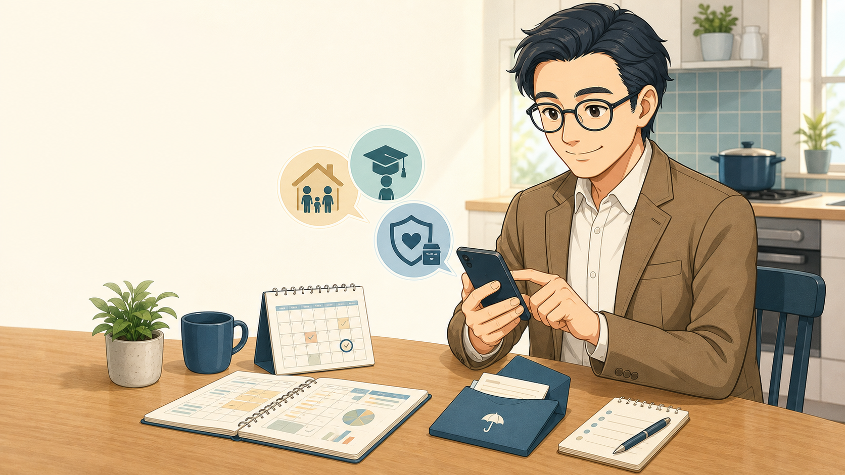 家計と予定支出を確認して少額積立を決める父親