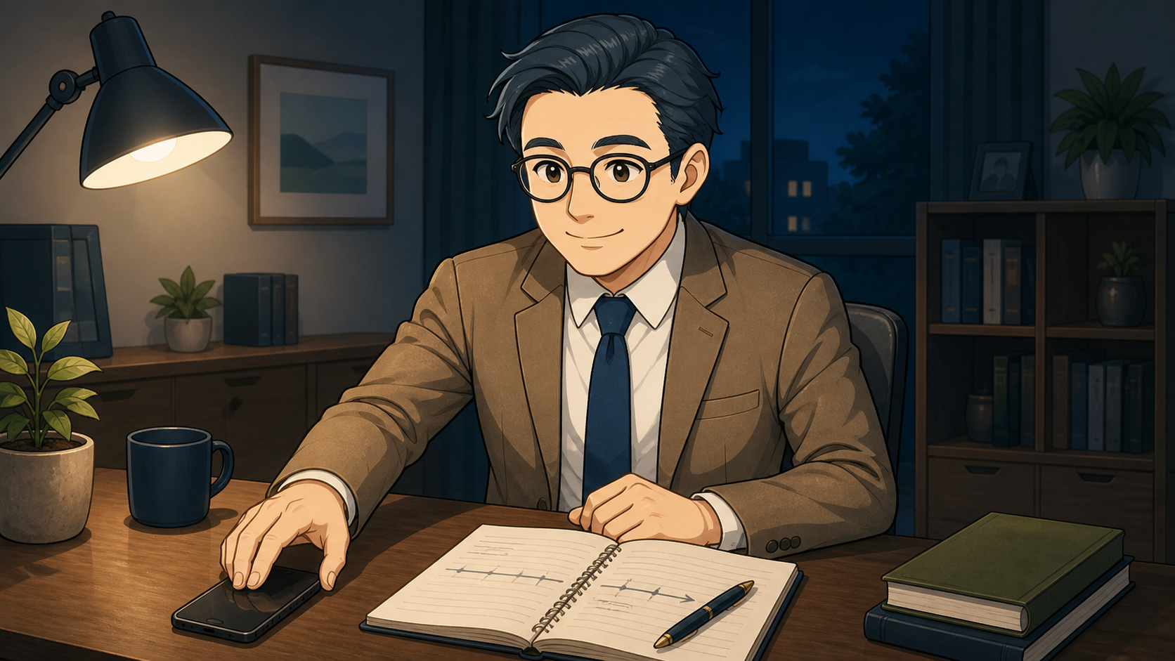 スマホを伏せて投資計画をノートへ書くブロックチェーン父さん