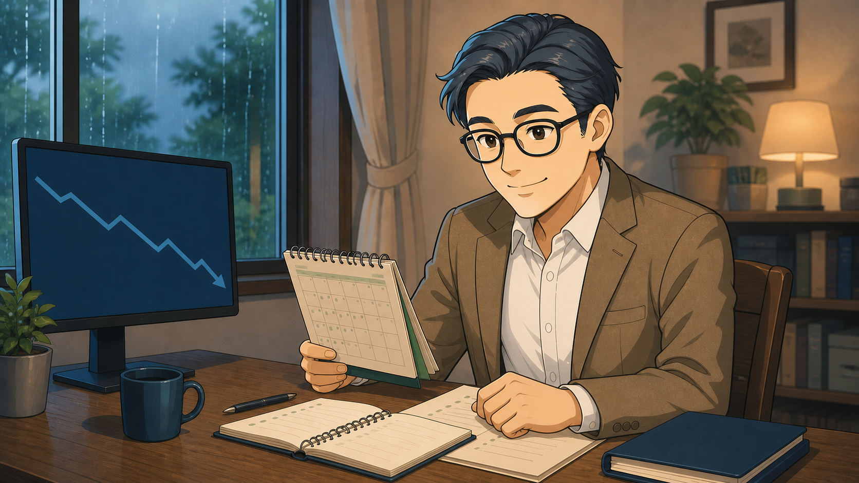 下落した相場表示と家計カレンダーを見て冷静に考えるブロックチェーン父さん