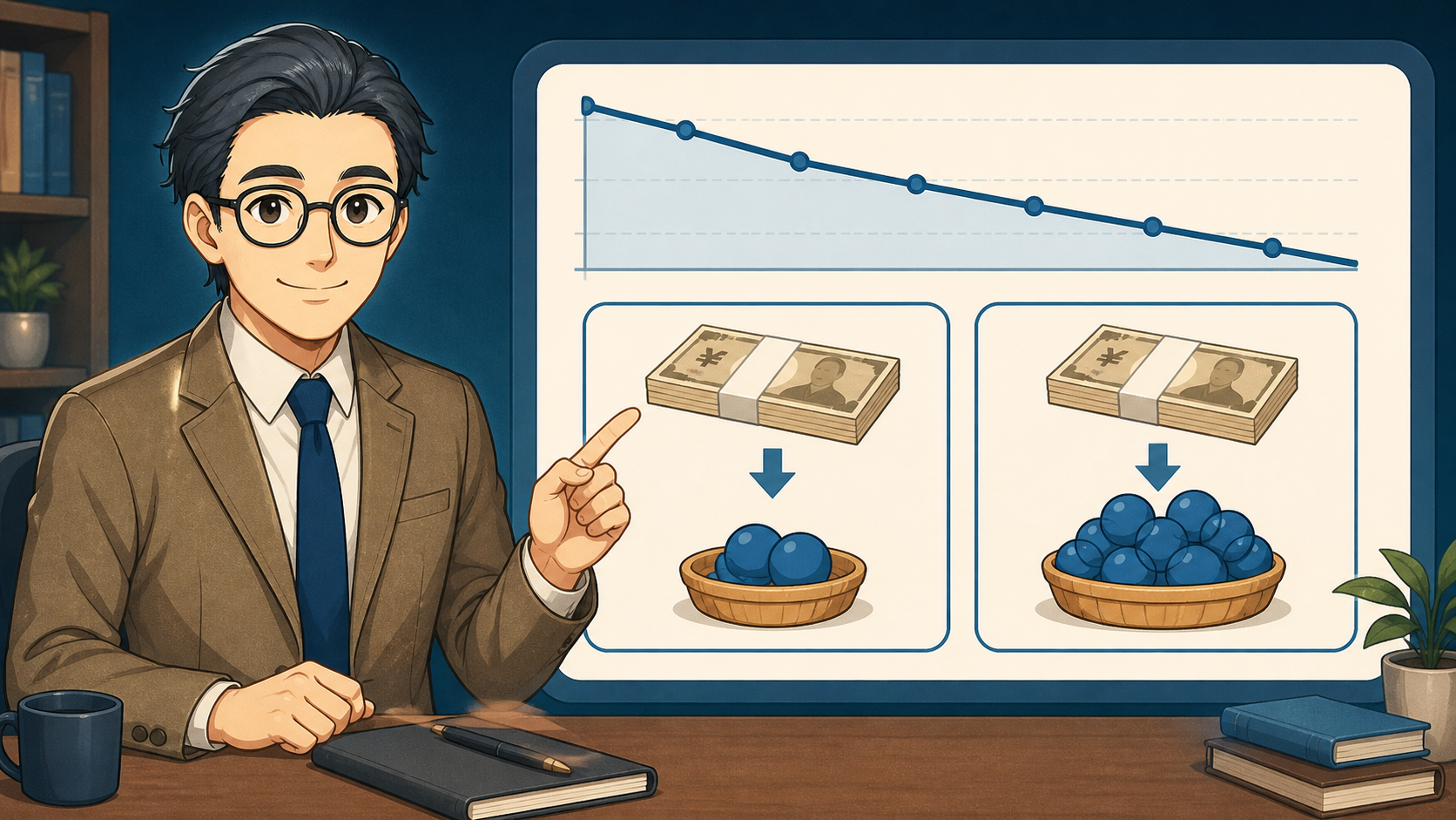 同じ積立額で購入できる口数の違いを説明するブロックチェーン父さん