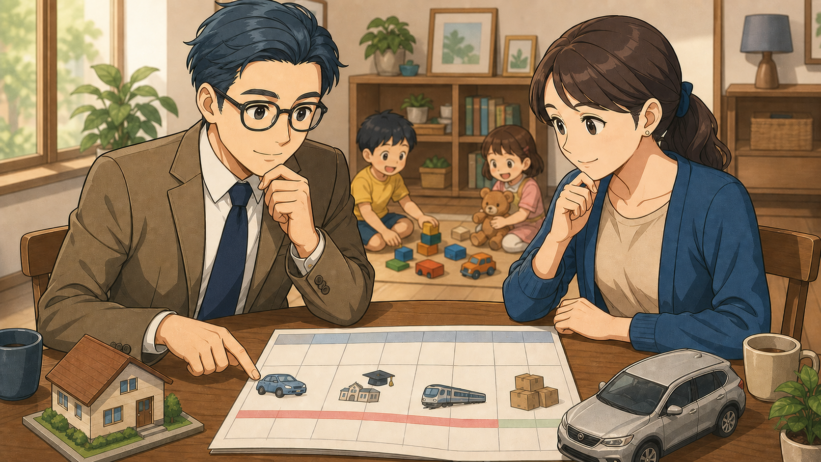 家と車、教育予定を家族で比較している様子