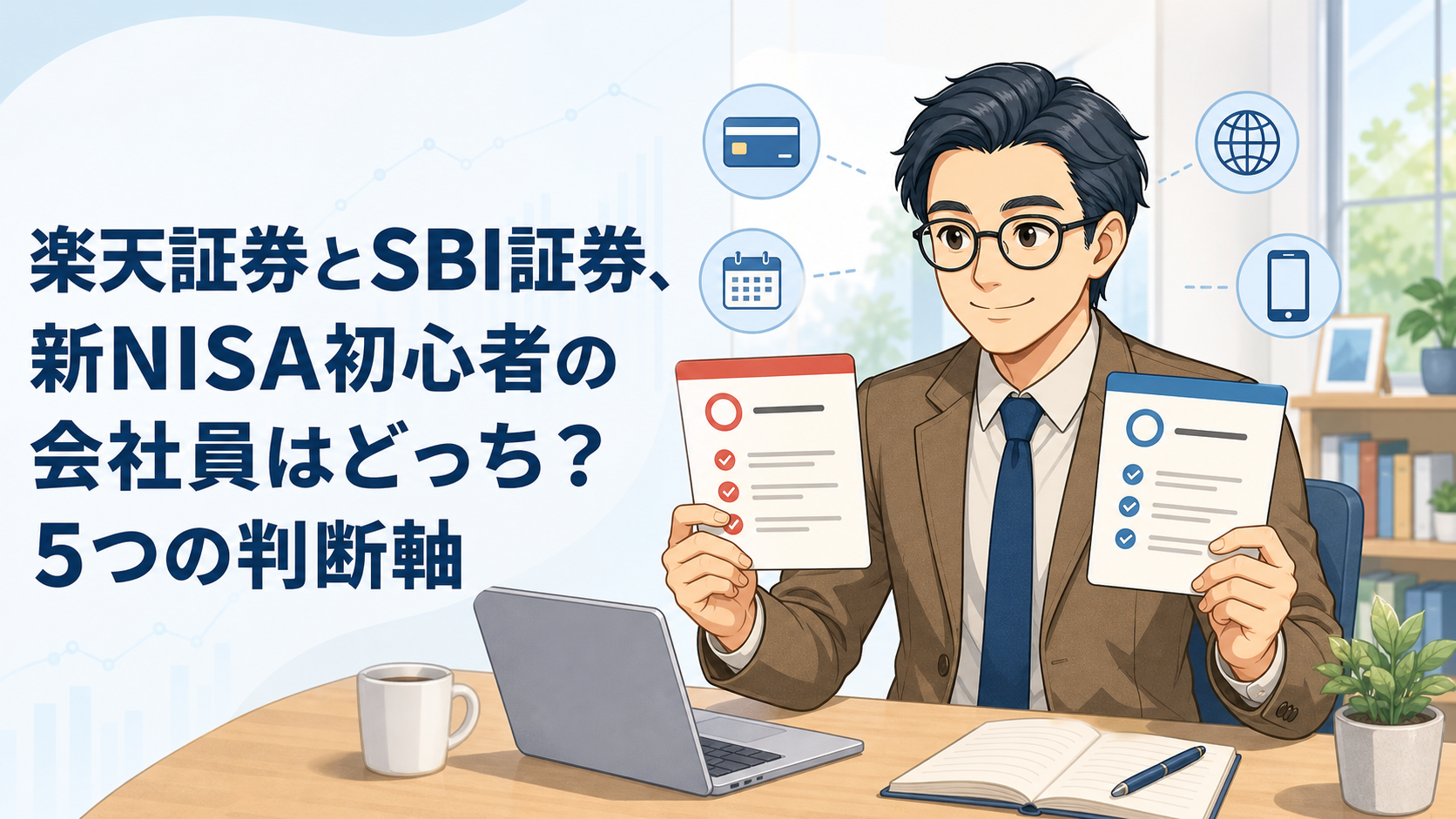 楽天証券とSBI証券を5つの判断軸で比較する会社員向け新NISA記事のアイキャッチ