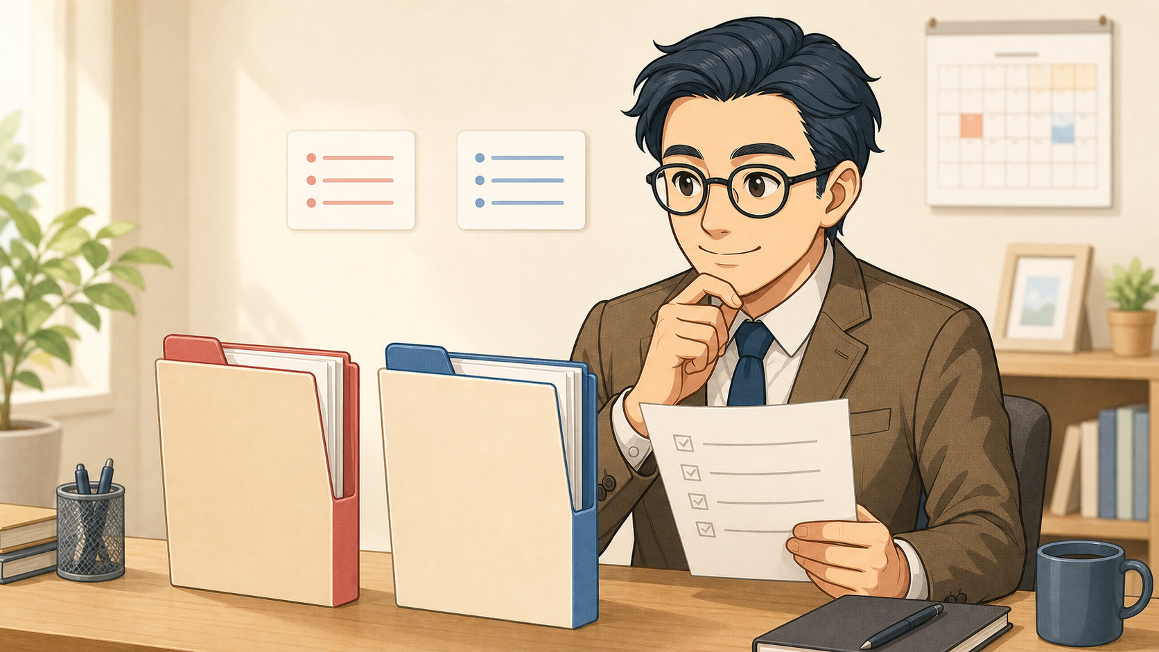 赤と青の中立的な口座候補を比較する会社員