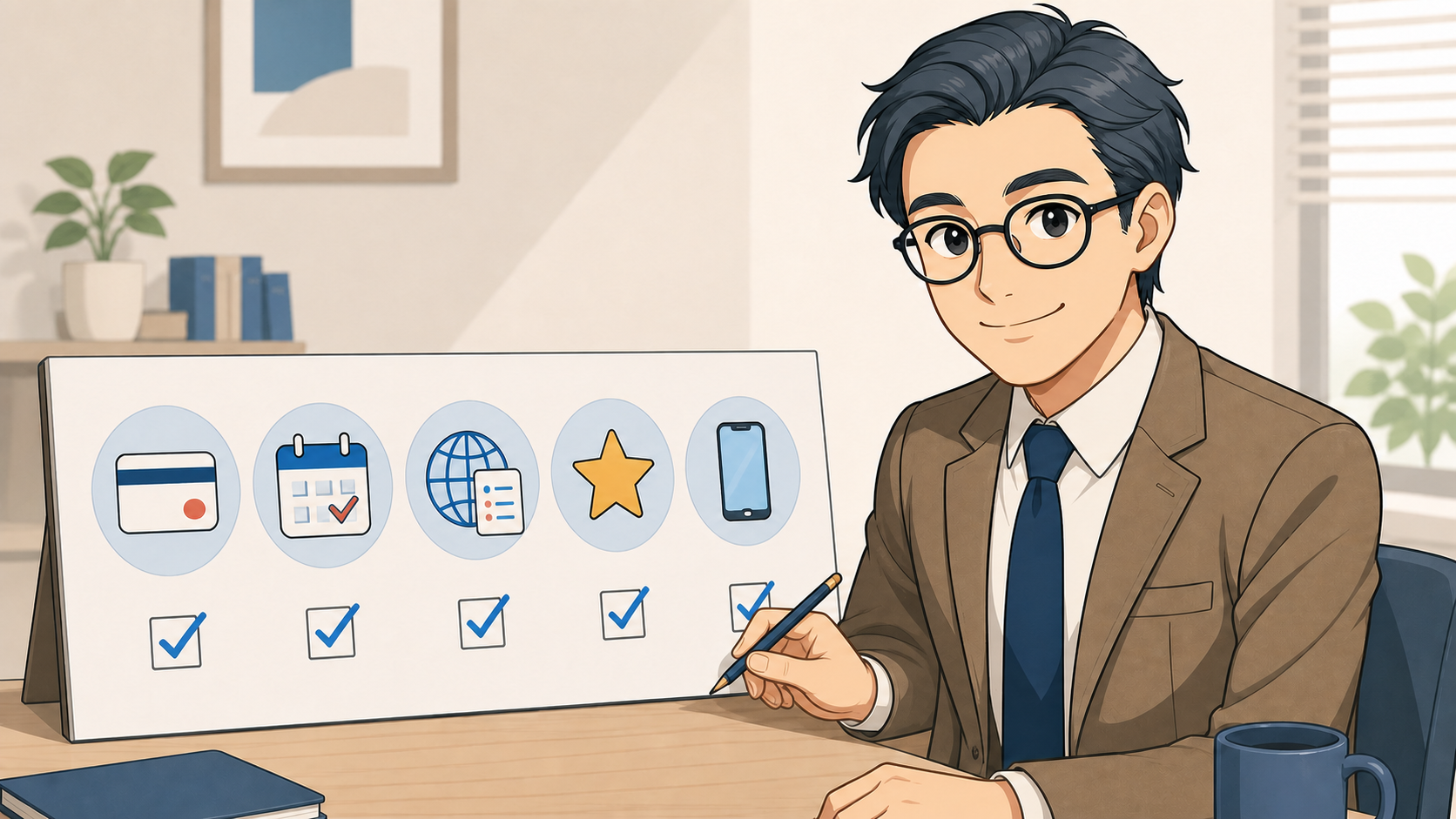 カード・積立日・商品・ポイント・画面の五つを確認する会社員