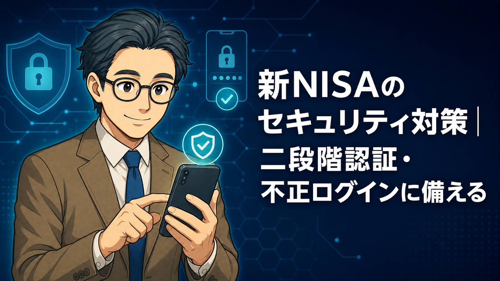 新NISAのセキュリティ対策を解説する、スマホと盾を持つブロックチェーン父さん