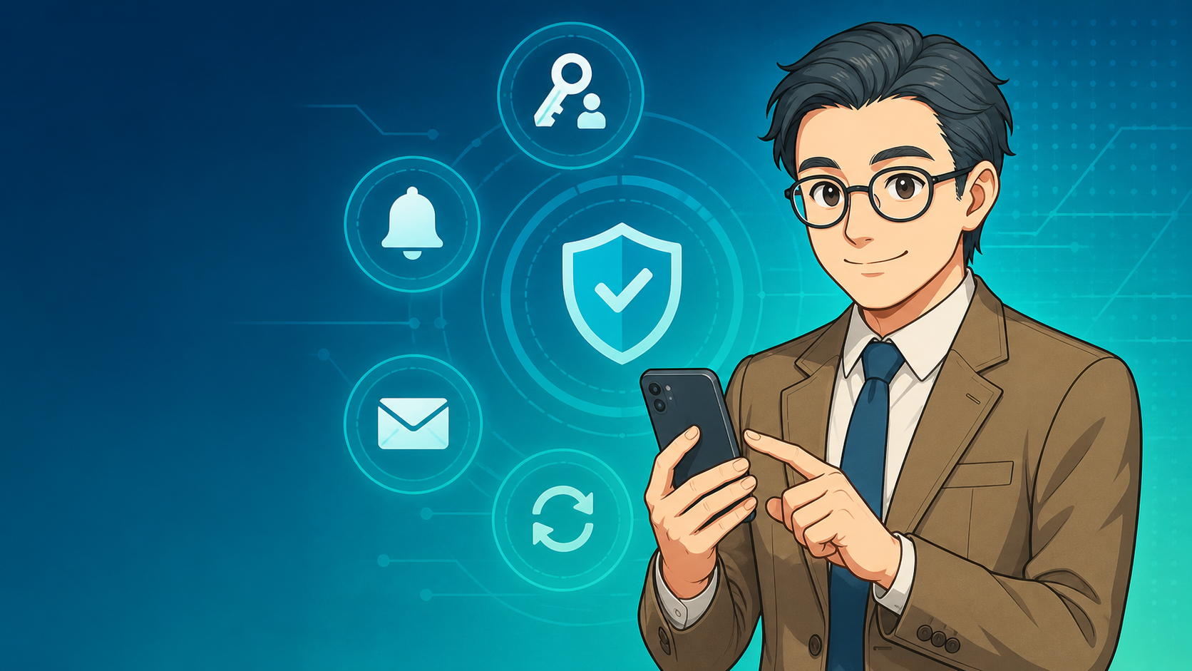 スマホで多要素認証や通知設定を確認する男性