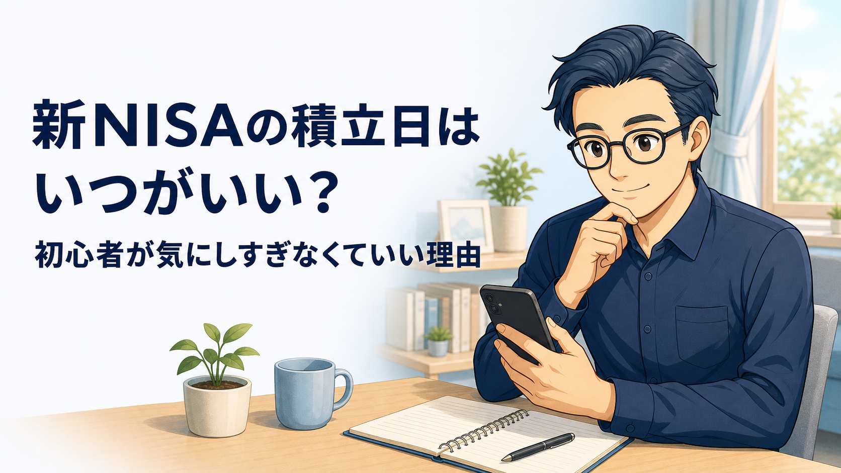 新NISAの積立日をスマホのカレンダーで確認する眼鏡の男性