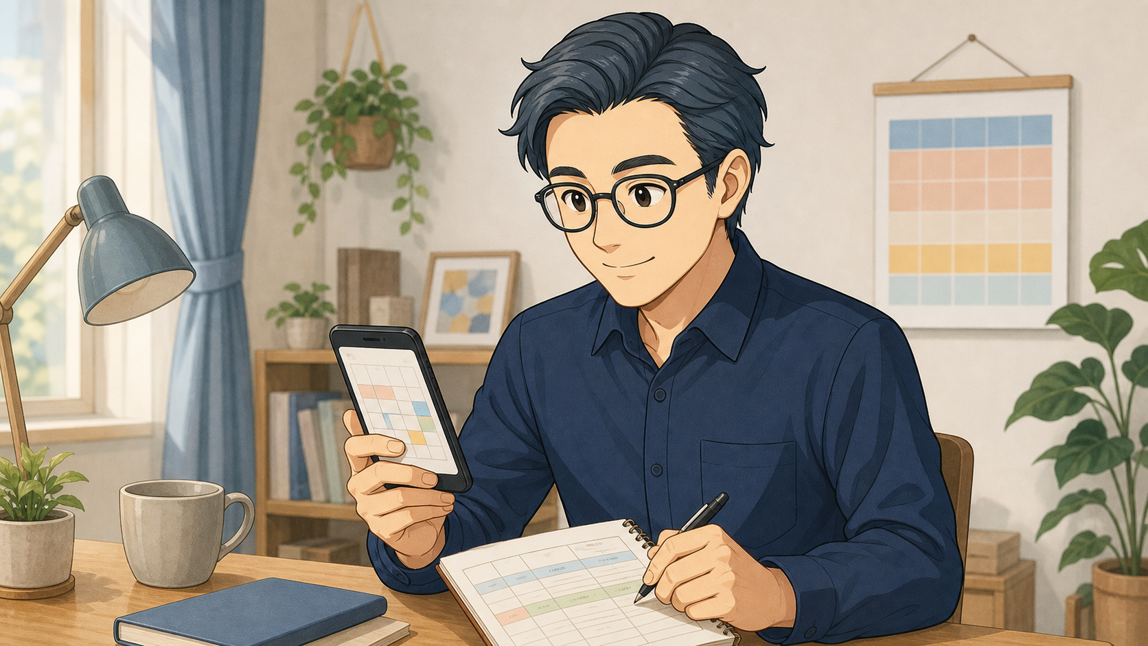 家計簿とスマホのカレンダーで積立日を確認する眼鏡の男性